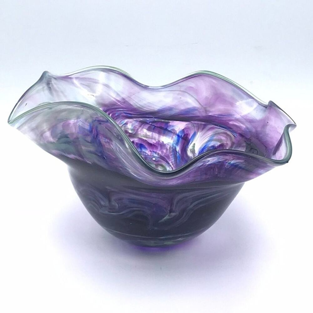 Hilltop Studio Art Glass Hand Blown Wave Edge Bowl Trinket Dish Amethyst Signed